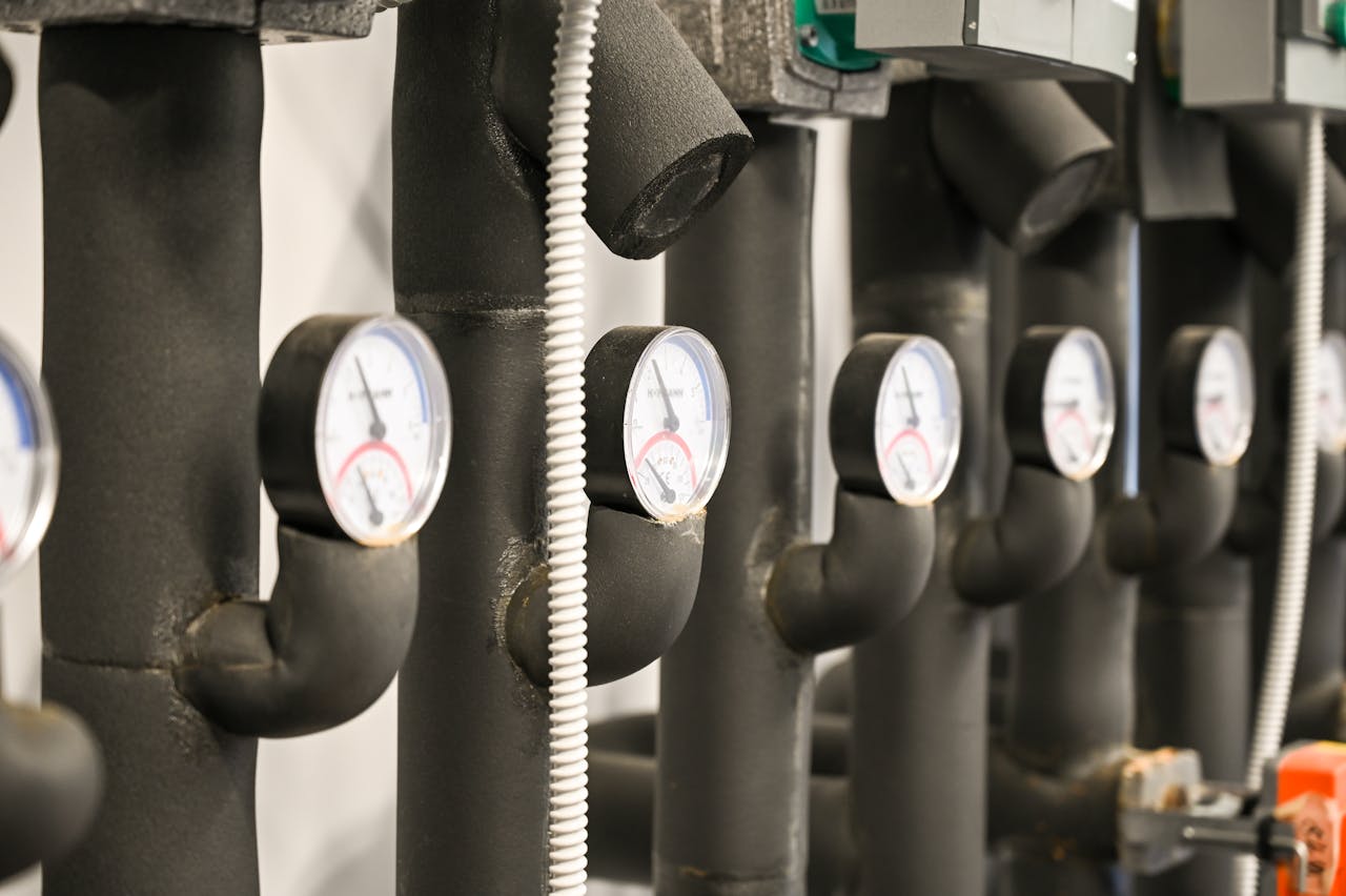 services-04 Industrial pipes and pressure gauges in a facility at Garešnica, Croatia.